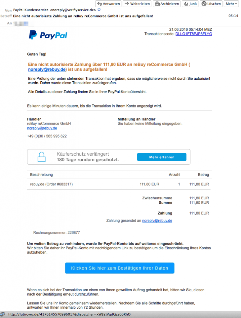 Paypal Zahlung an reBuy reCommerce GmbH - RATGEBER INTERNETKRIMINALITÄT