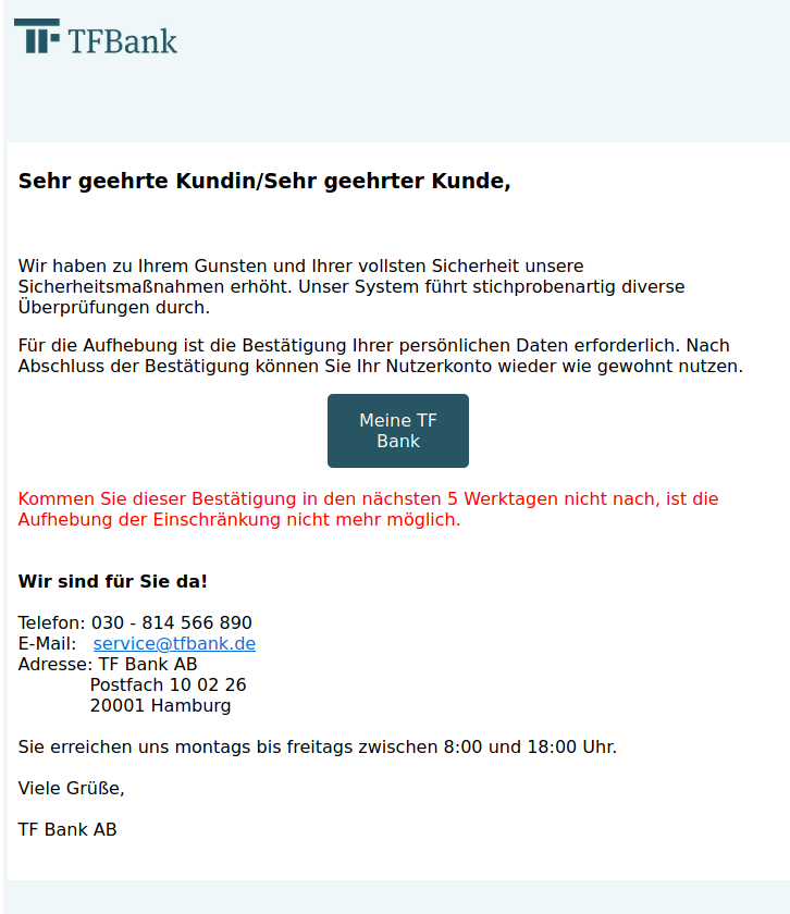 Fake Mail im Aussehen der TFBank