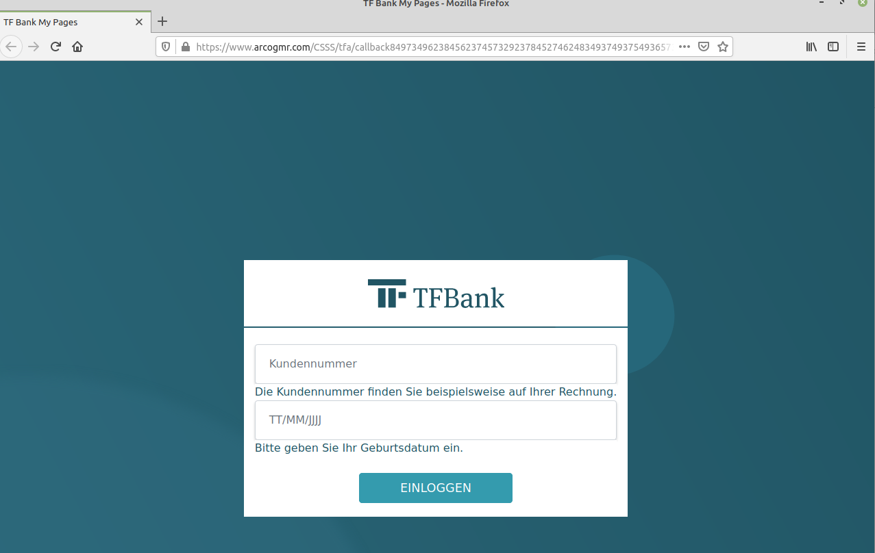 Gefälschter Login-Bereich im Aussehen der TFBank