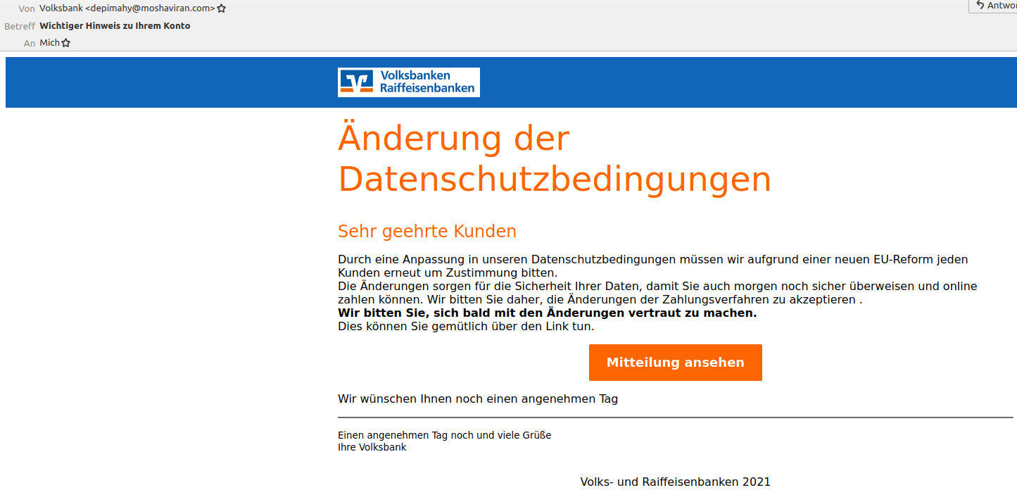 Fake Mail der im Aussehen VR-Banken