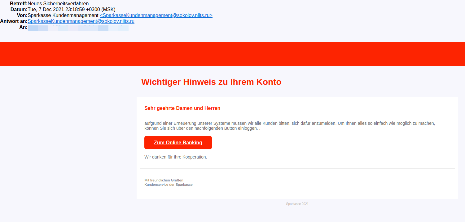 Fake Mail im Aussehen der Sparkasse