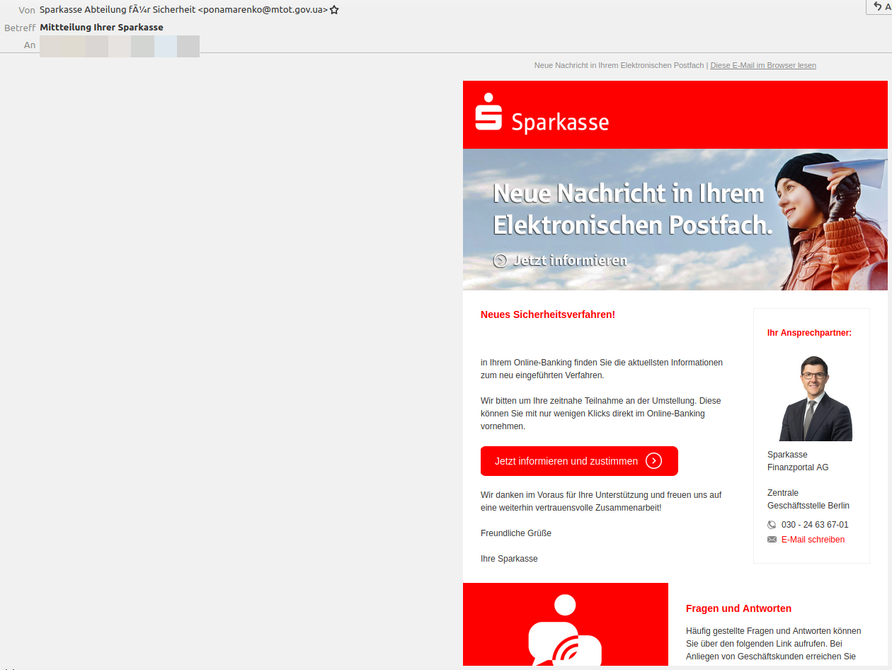 Fake Mail im Aussehen der Sparkasse