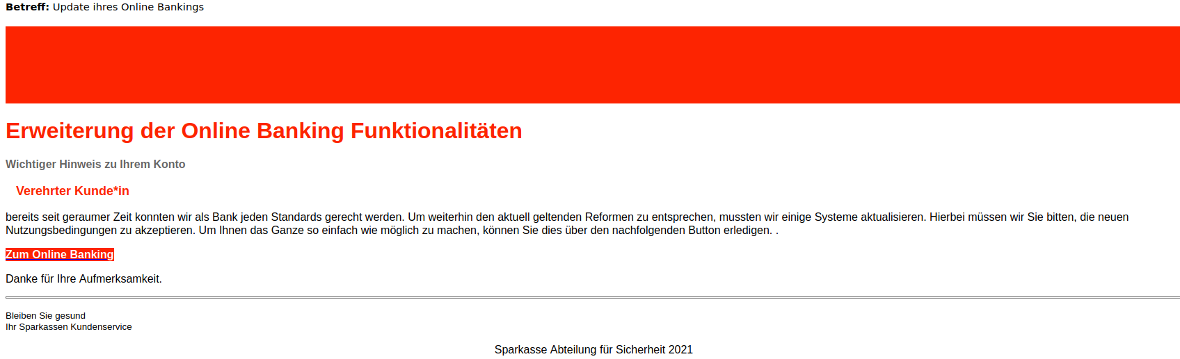 Fake Mail im Aussehen der Sparkasse