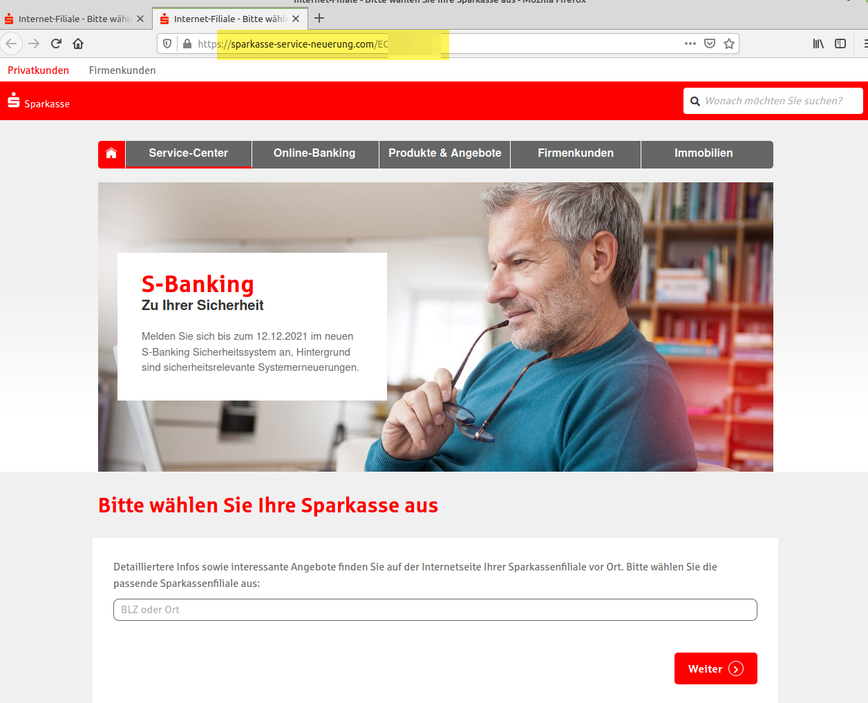 Fake Webseite im Aussehen der Sparkasse