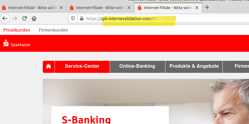 Fake Webseite im Aussehen der Sparkasse