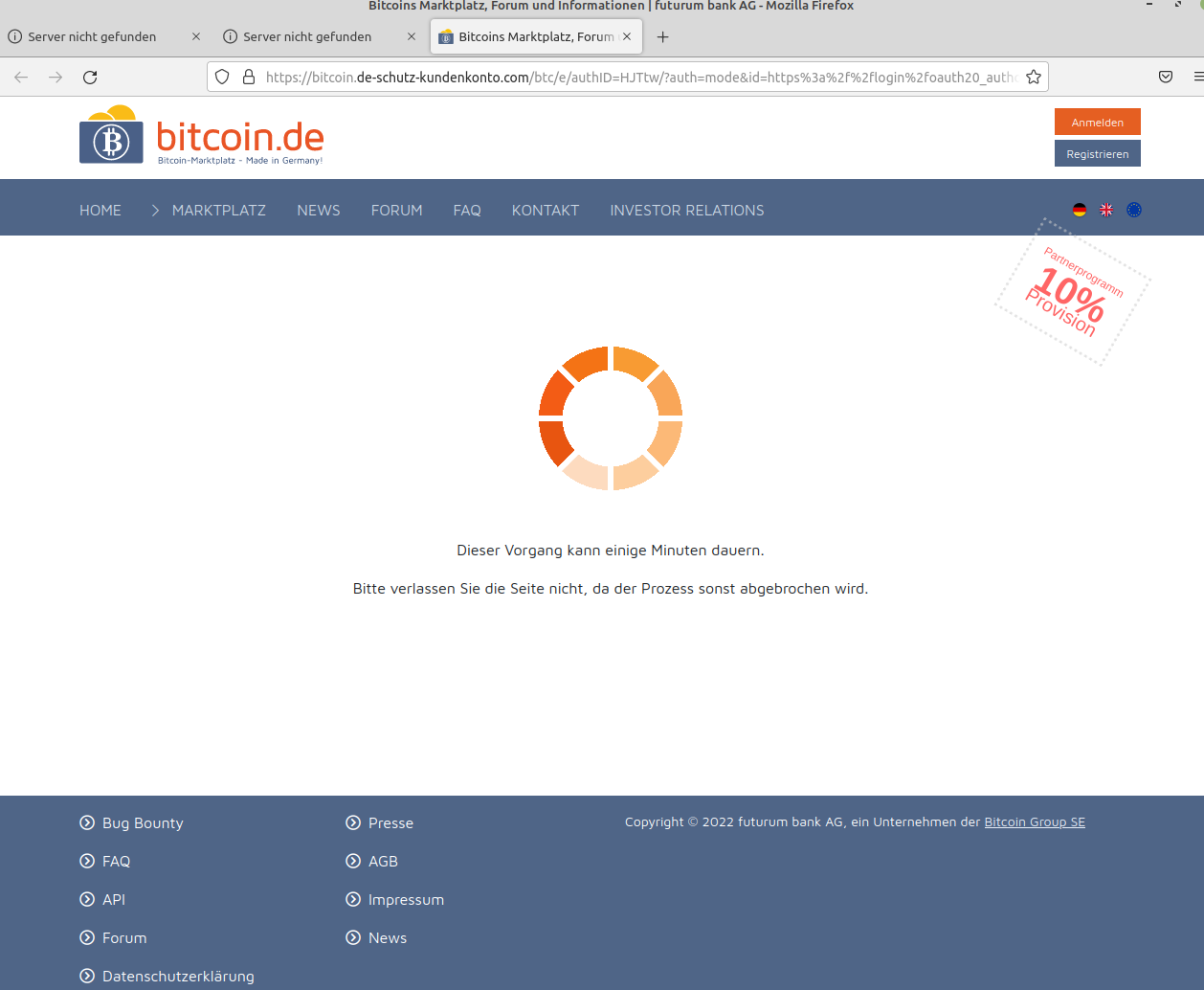 Fake Webseite im Aussehen von Bitcoin.de