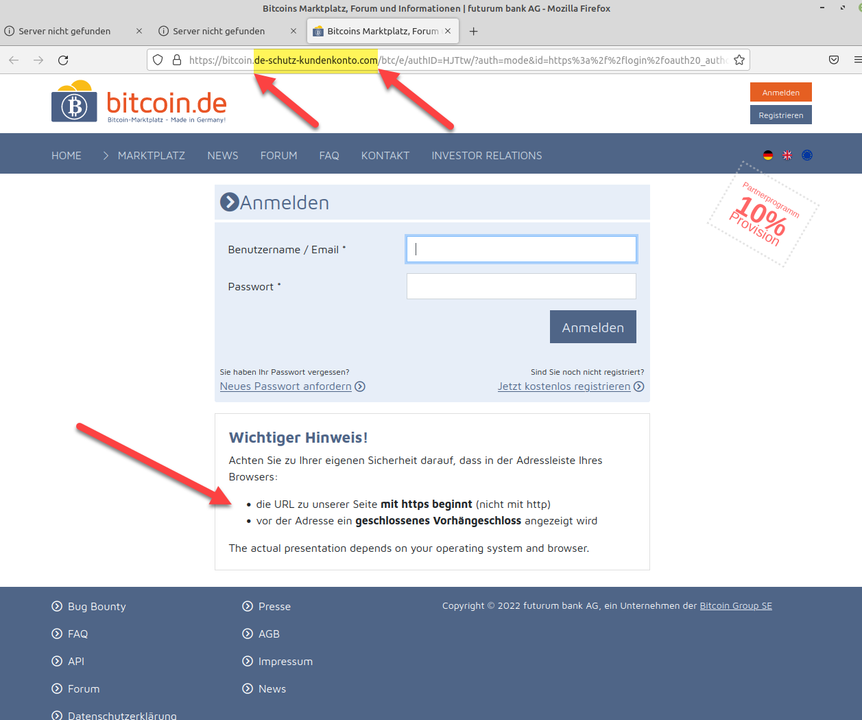 Fake Webseite im Aussehen von Bitcoin.de