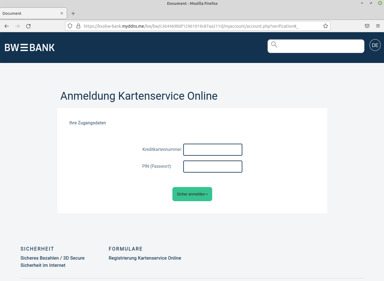 Phishingseite mit angeblichem Login zur BW Bank