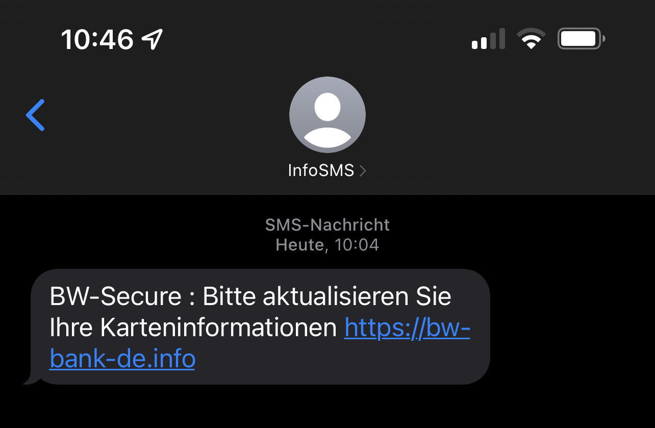 gefälschte SMS mit Link zur Phishingseite