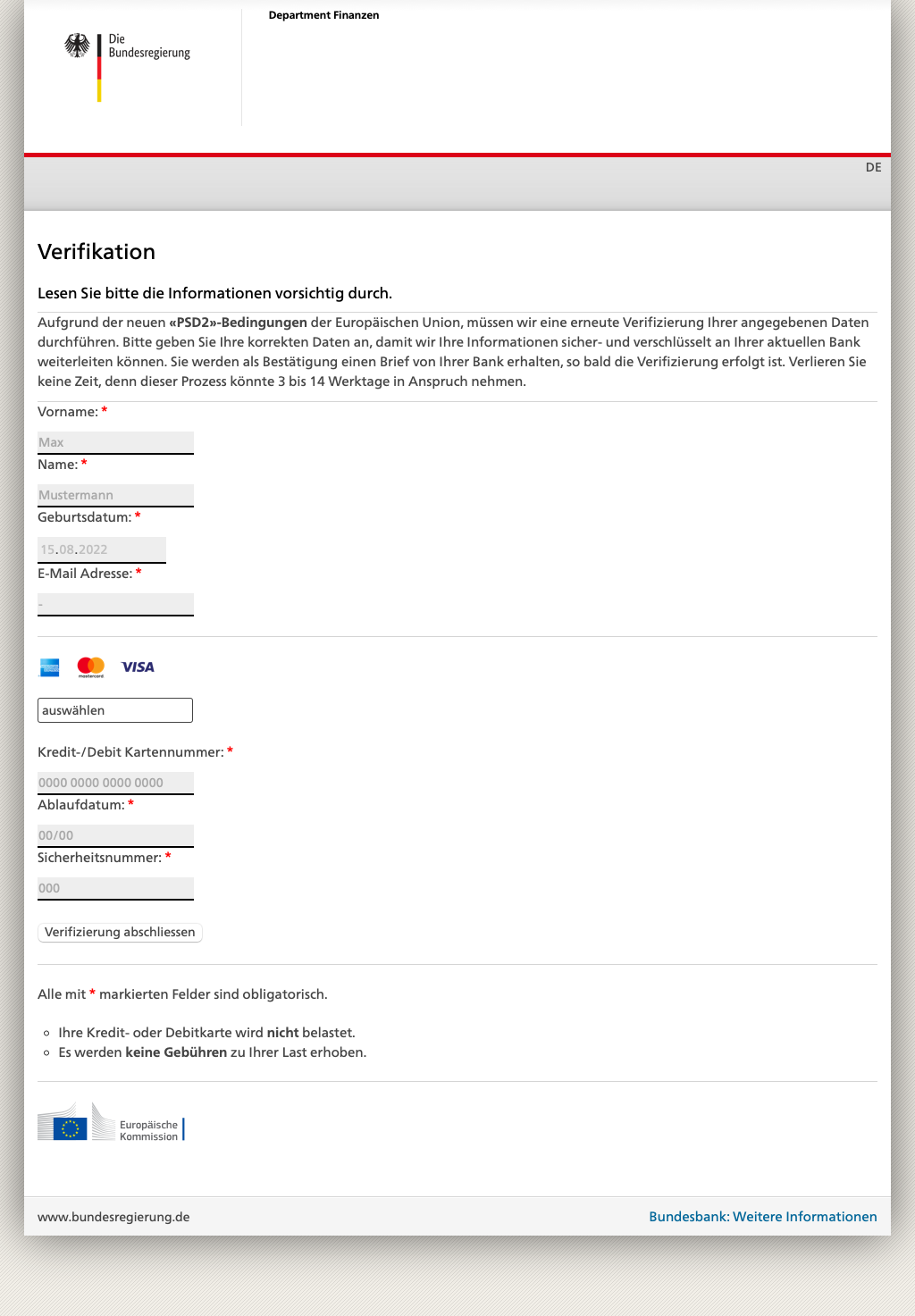 Screenshot: Gefälschte Webseite mit Logo der Bundesregierung