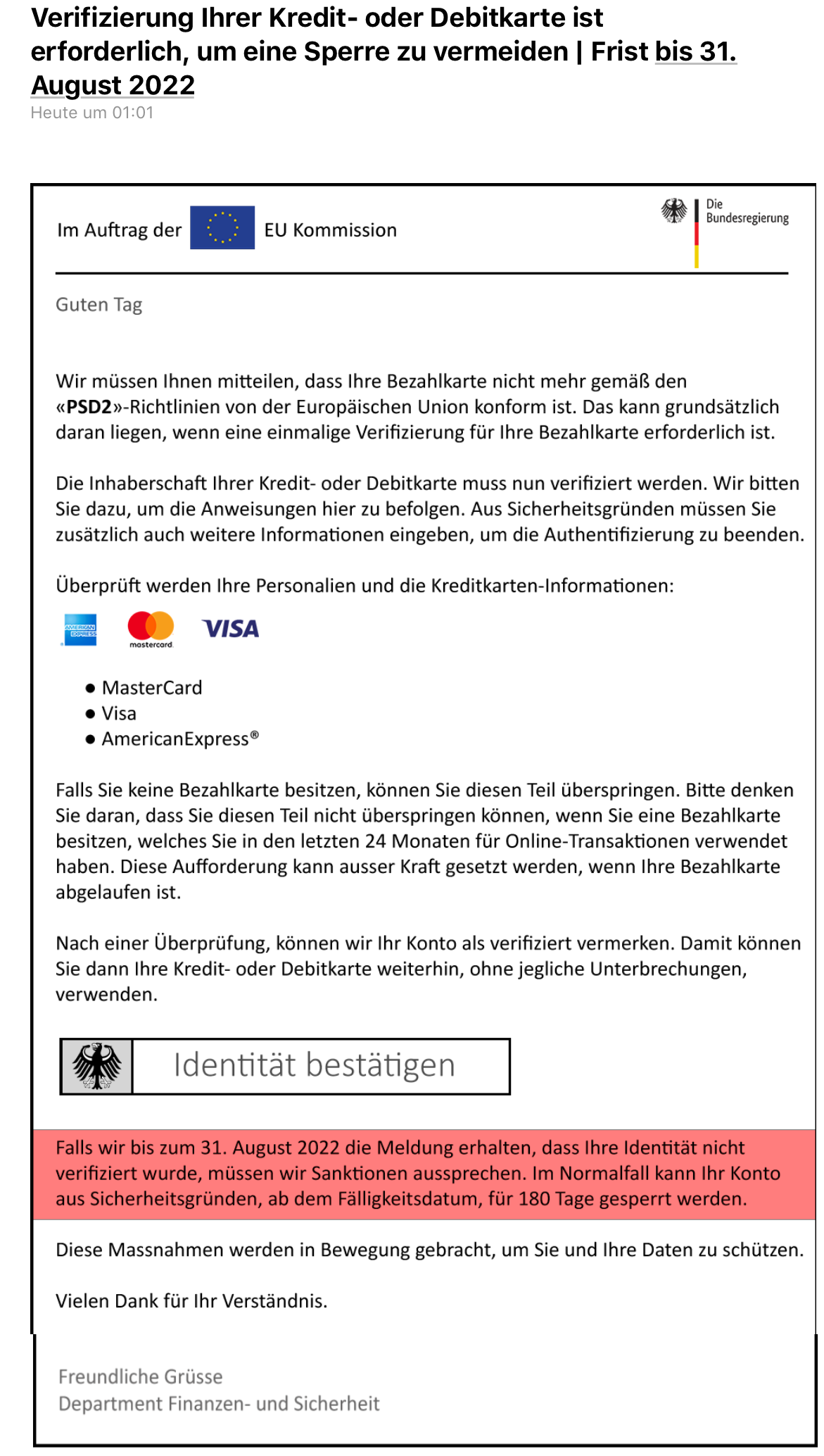 Screenshot: Gefälschte Mail mit Logo der Bundesregierung