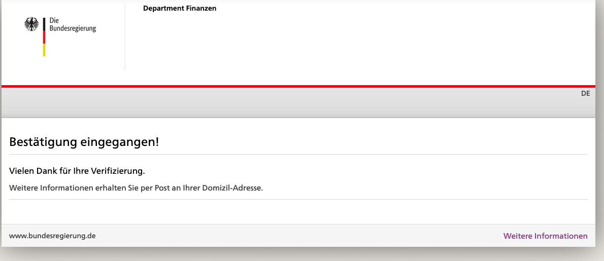 Screenshot: Gefälschte Webseite nach Dateneingabe mit Logo der Bundesregierung