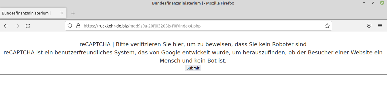 Gefälschte Webseite im Aussehen des Bundesministeriums der Finanzen (reCaptcha)