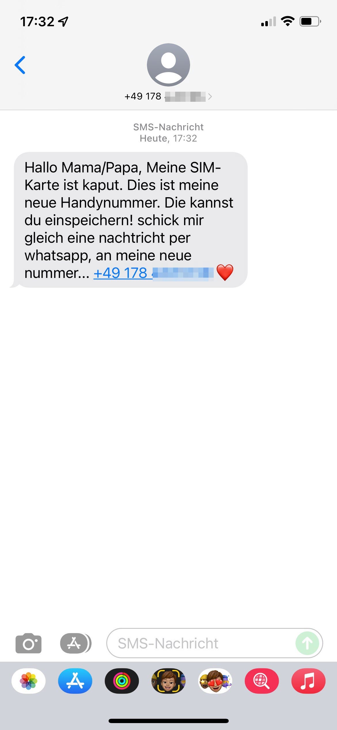 Screenshot: Erster Kontakt zum Messengerbetrug hier per SMS