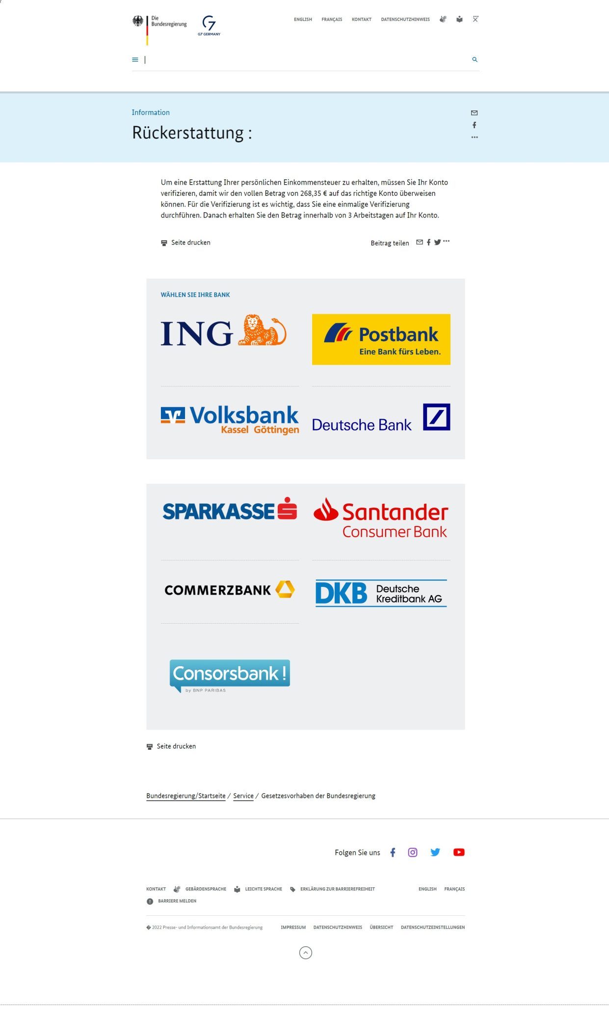 Gefälschte Webseite im Aussehen der Bundesregierungswebseite mit direkten Verlinkungen zu den gängigen Banken.