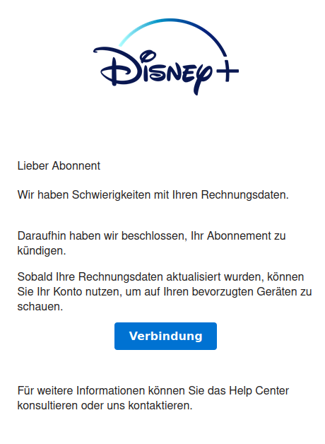 Screenshot aus Phishingmail zu Disney+