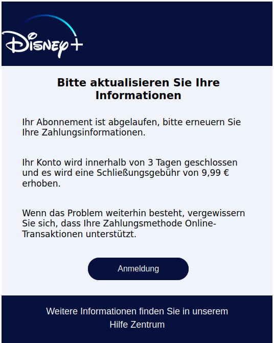 Screenshot aus Phishingmail zu Disney+