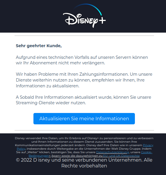 Screenshot aus Phishingmail zu Disney+