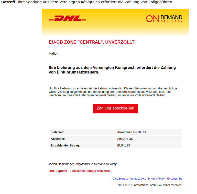 Gefälschte Mail im DHL Aussehen