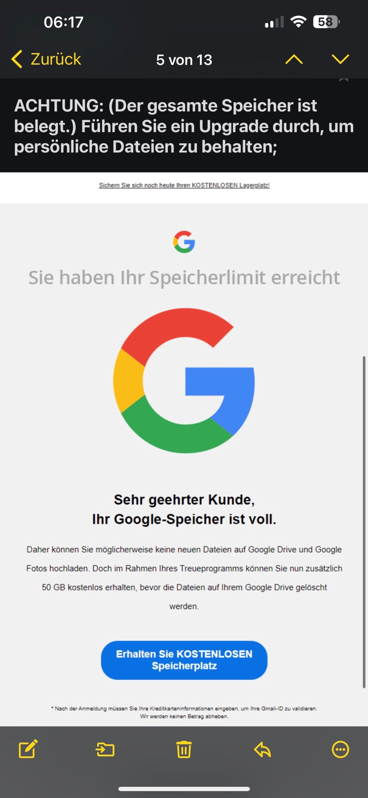 Gefälschte Mail mit Verwendung des Google-Logos