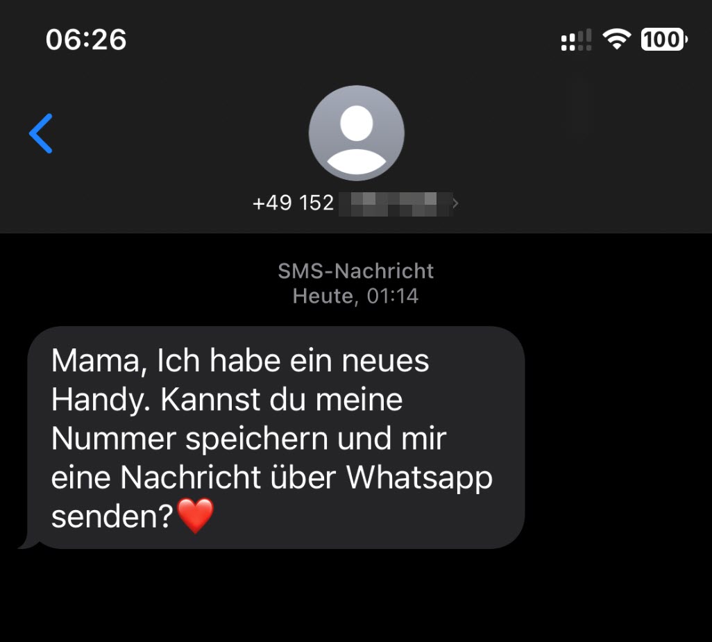 Eine aktuelle Version der Täter-SMS (August 2023)