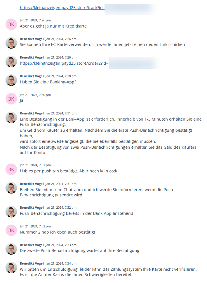 Screenshot gefälschter Kleinanzeigensupport-Chat