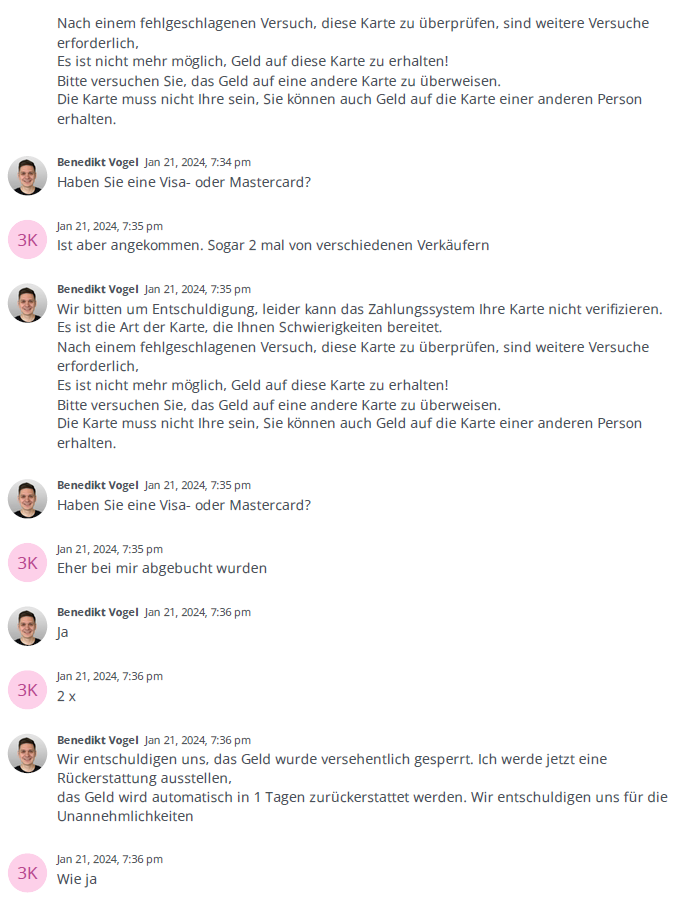 Screenshot gefälschter Kleinanzeigensupport-Chat