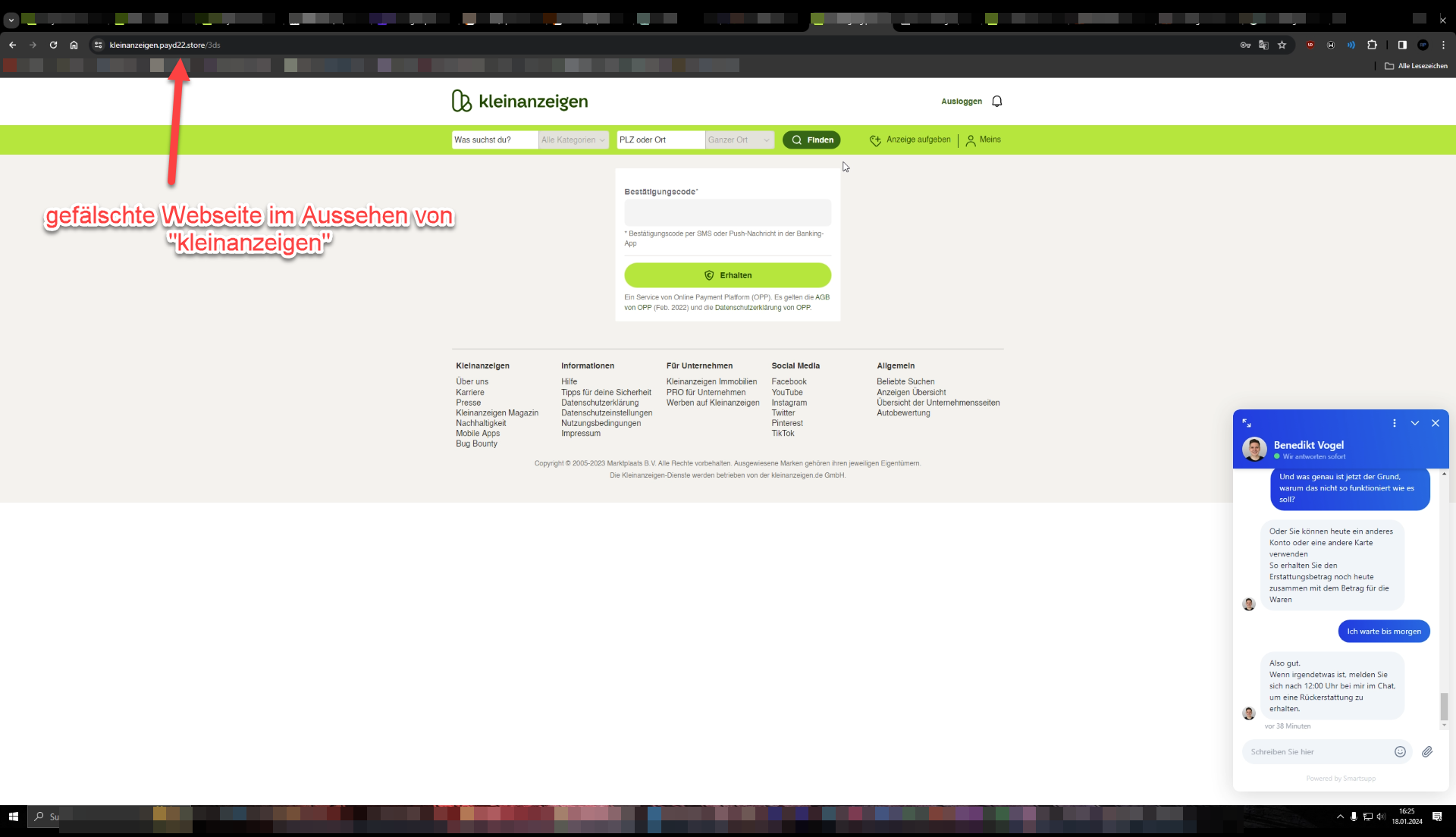Gefälschter Webseite im Aussehen von Kleinanzeigen Teil 1