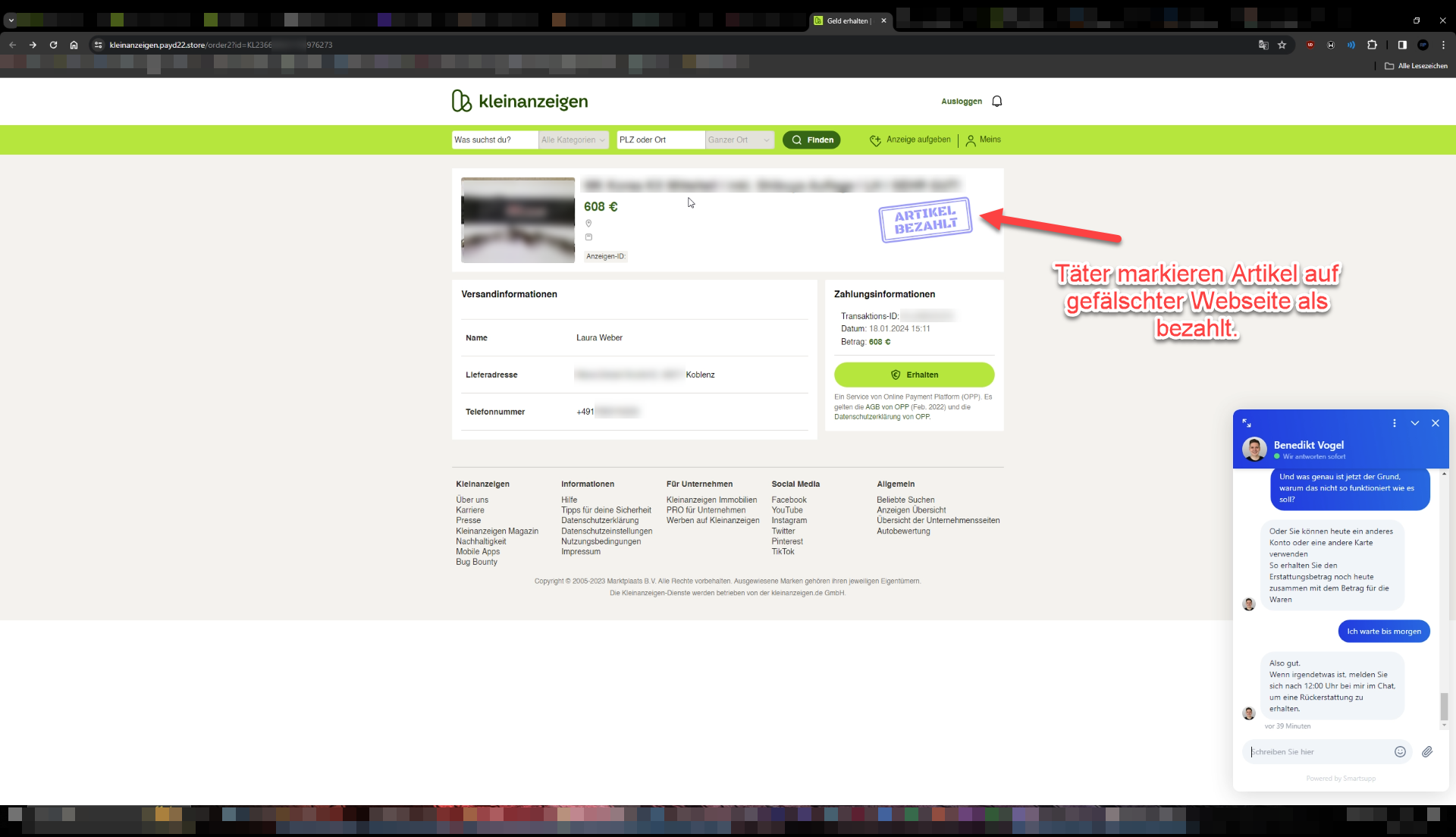 Gefälschter Webseite im Aussehen von Kleinanzeigen Teil 3