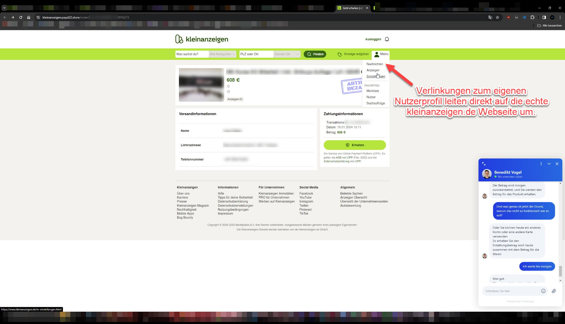 Gefälschter Webseite im Aussehen von Kleinanzeigen Teil 4