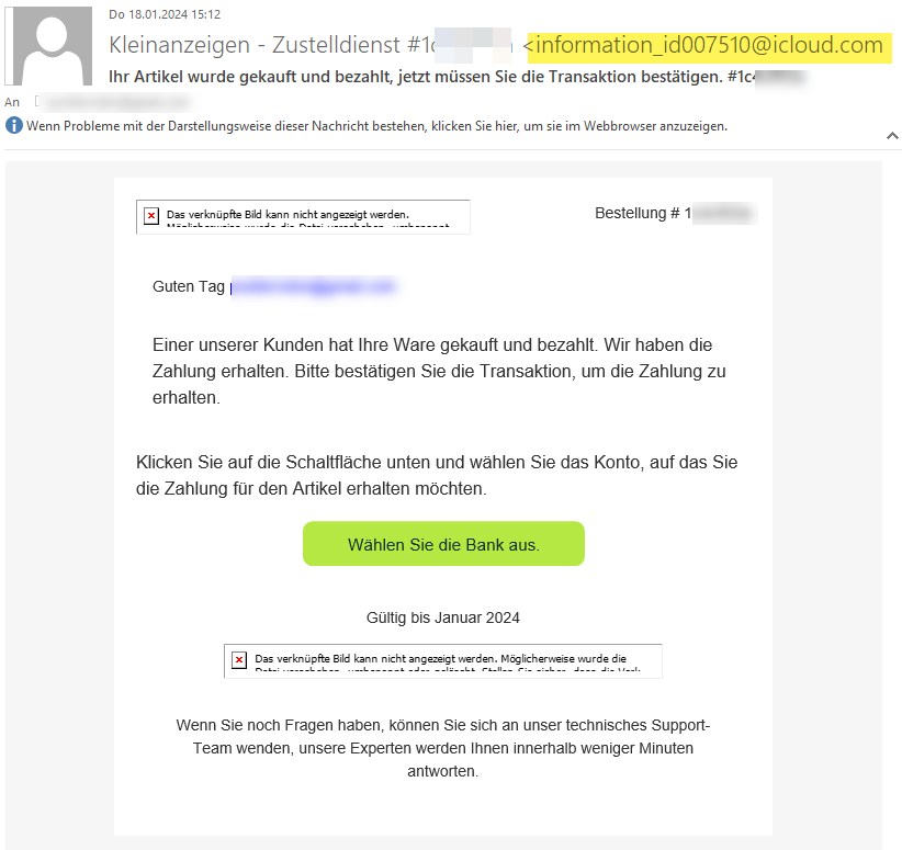 Gefälschte Mail im Aussehen von Kleinanzeigen