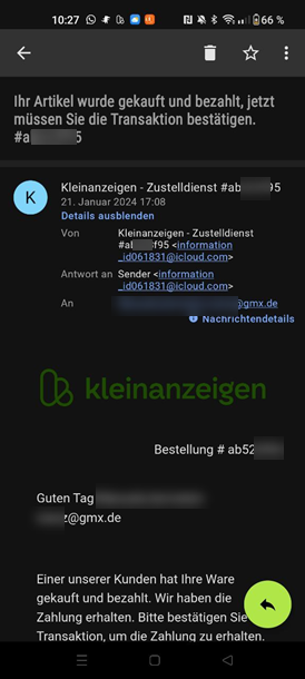 Screenshot gefälschte Kleinanzeigenmail