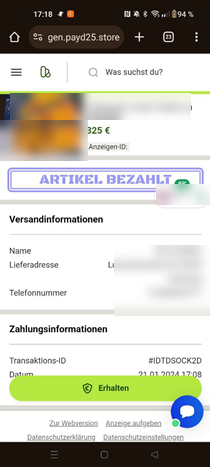 Screenshot gefälschte Kleinanzeigenmail