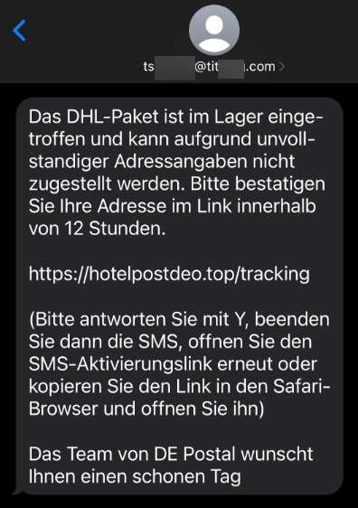 Gefälschte DHL / "DE Postal" SMS behauptet Zustellprobleme beim Paketversand
