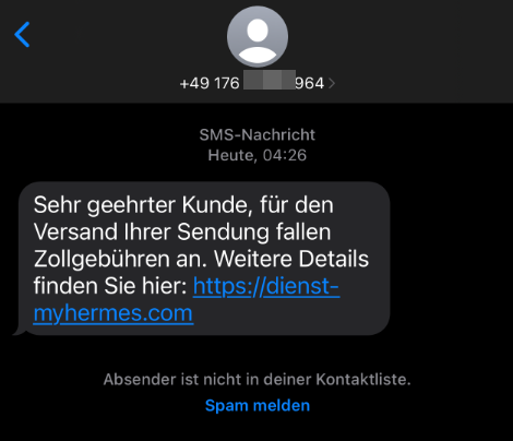 Gefälschte Hermes SMS behauptet anfallende Zollgebühren