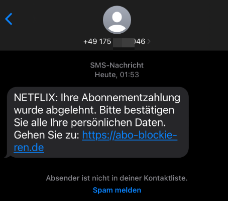 Gefälschte Netflix SMS behauptet Probleme in der Abo-Zahlung