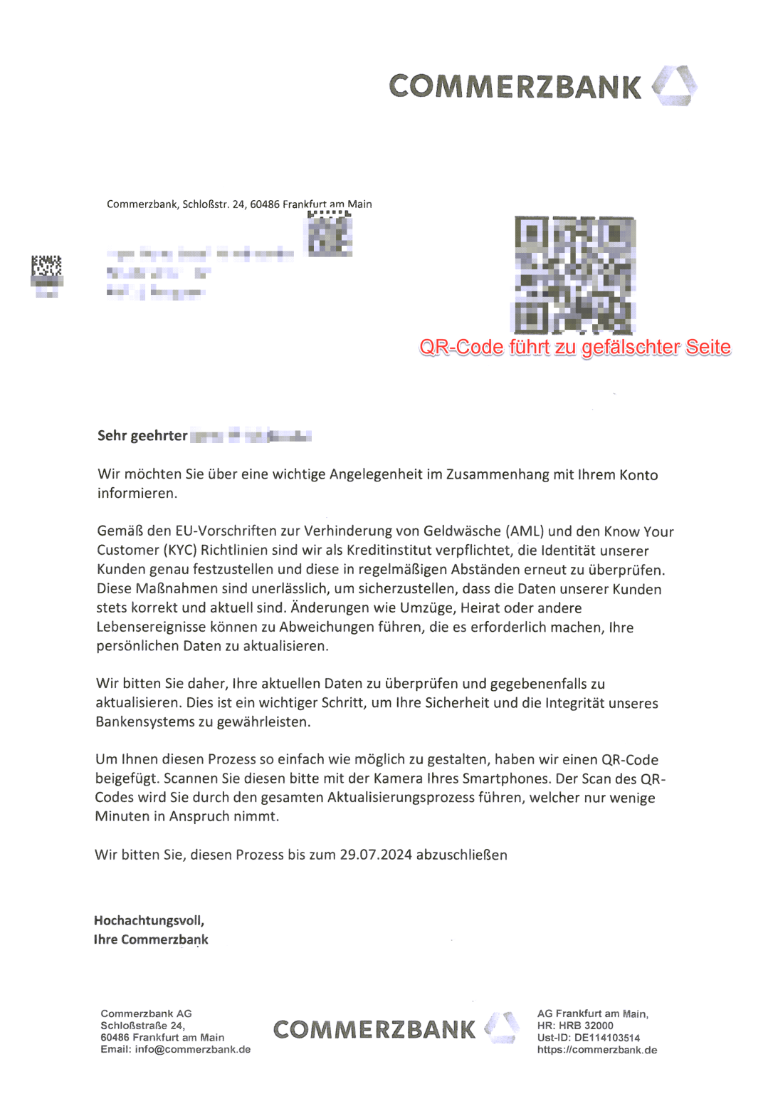 Gefälschte Briefpost im Namen von diversen Banken mit QR-Code ...