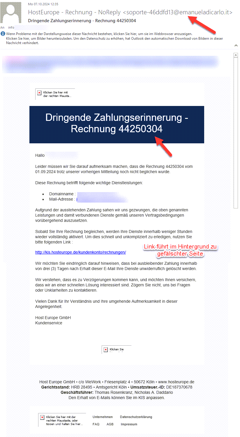 Gefälschte Host Europe Zahlungserinnerung