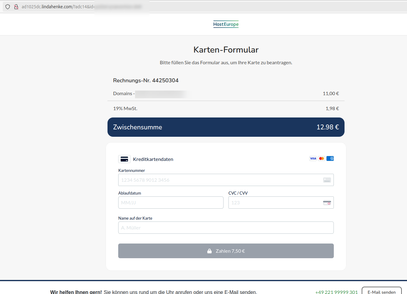 Gefälschte Host Europe Webseite mit Aufforderung zur Kartenzahlung