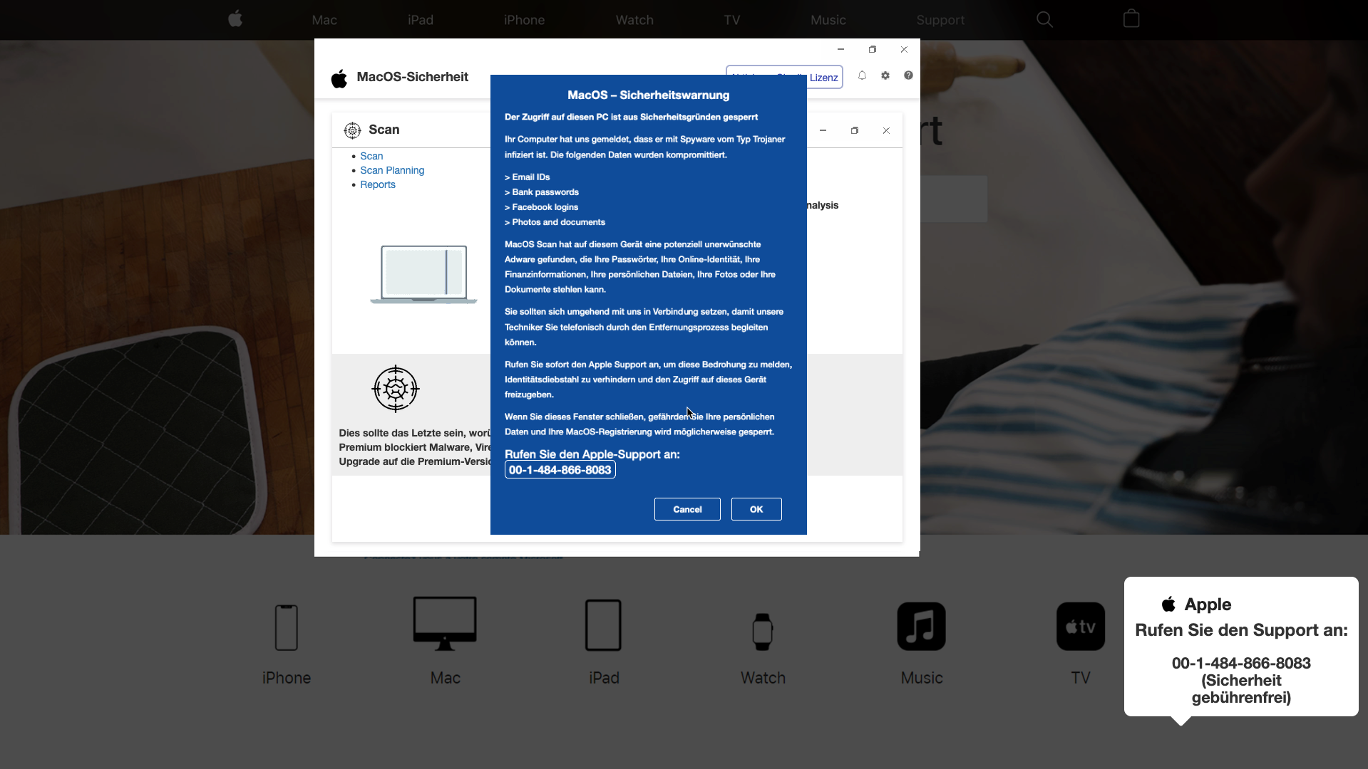 Gefälschte Apple Support Warnung