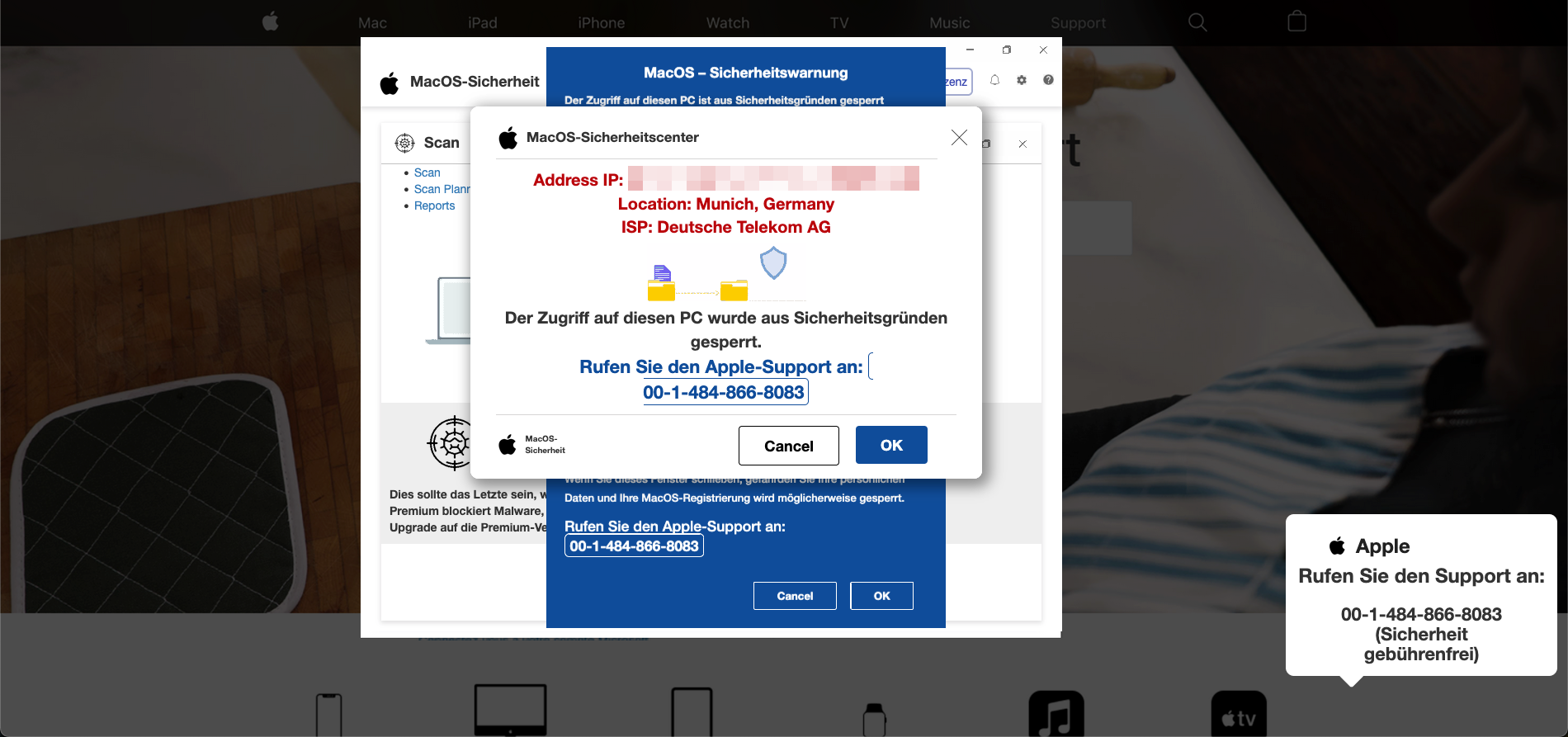 Gefälschte Apple Support Warnung