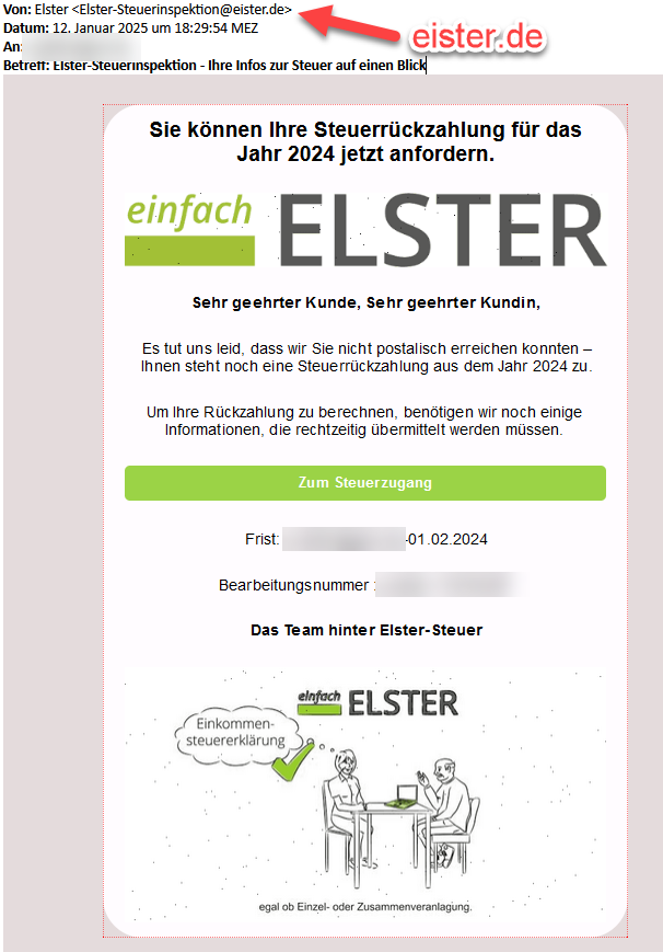 Phishinmail mit Verwendung des ELSTER Logos