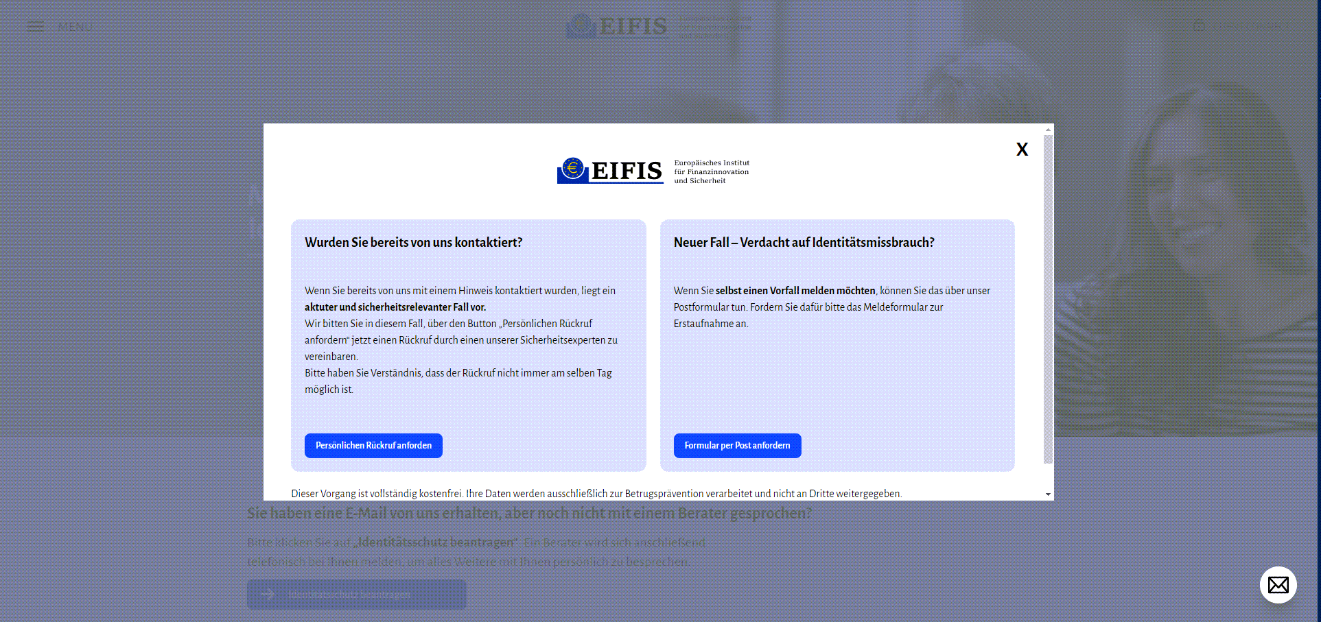 Hinweis zu Identitätsmissbrauch auf der gefälschten Webseite