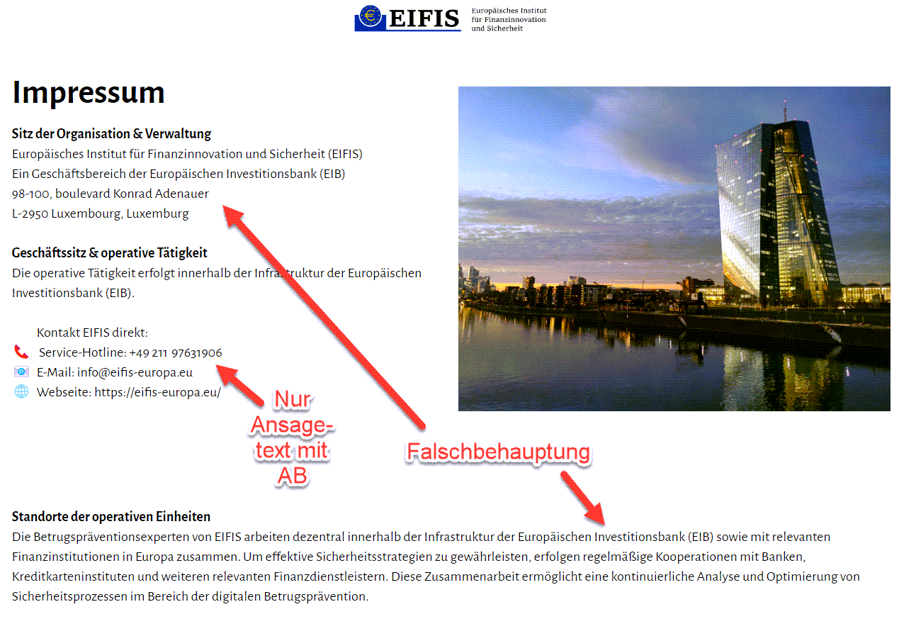 Impressum der gefälschten Webseite mit falschen Kontaktdaten