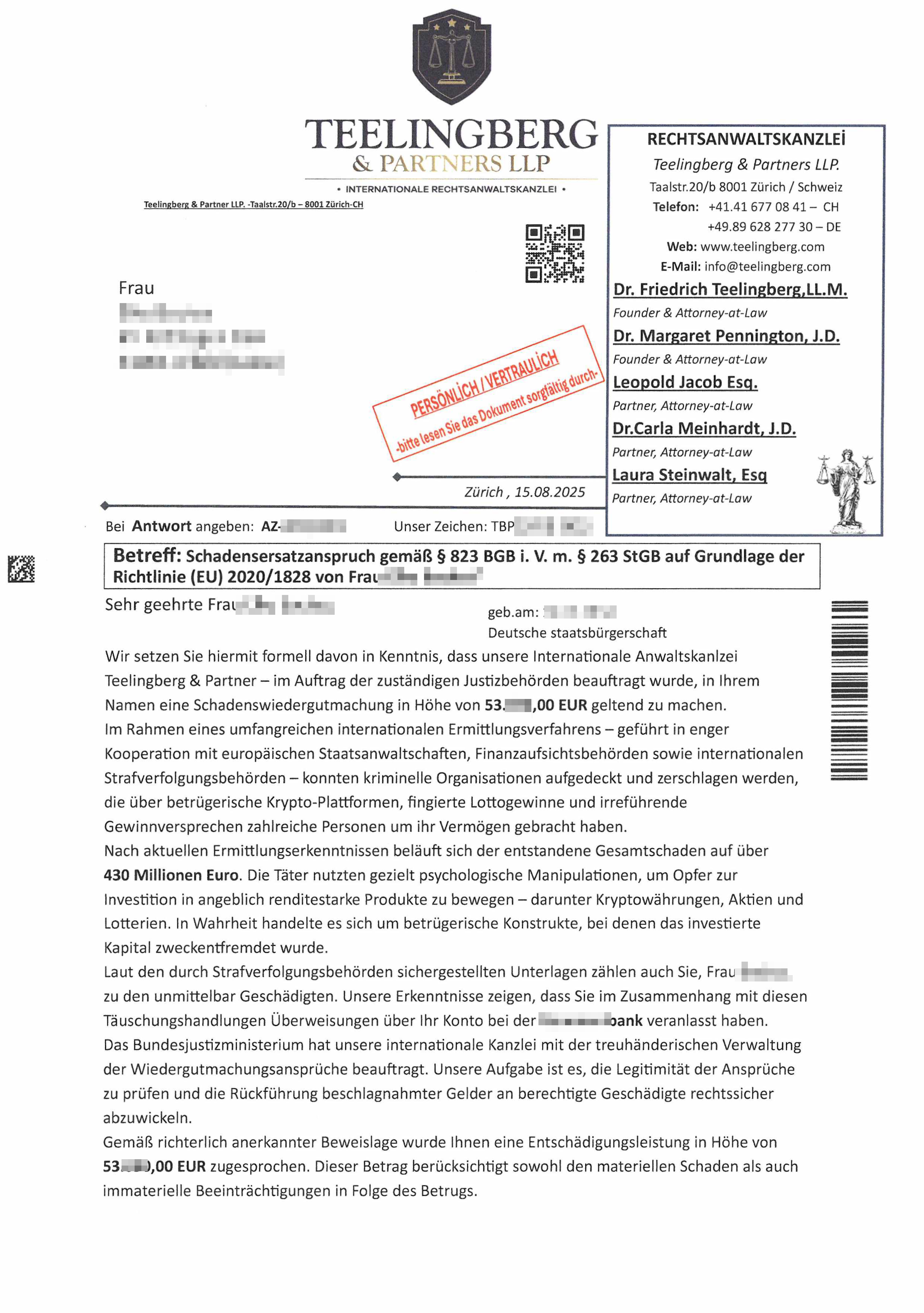 Gefälschtes Rechtsanwalt-Schreiben, Seite1