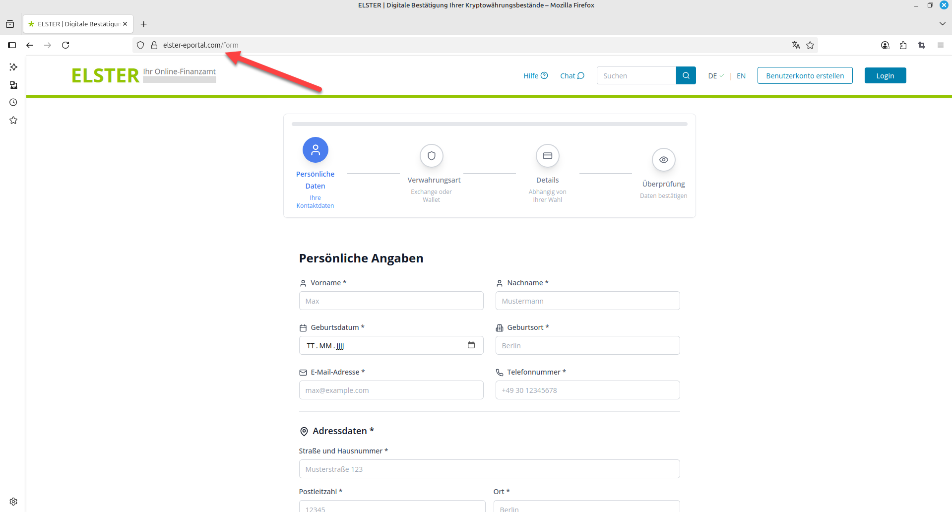 Gefälschte Webseite, Eingabe persönlicher Daten