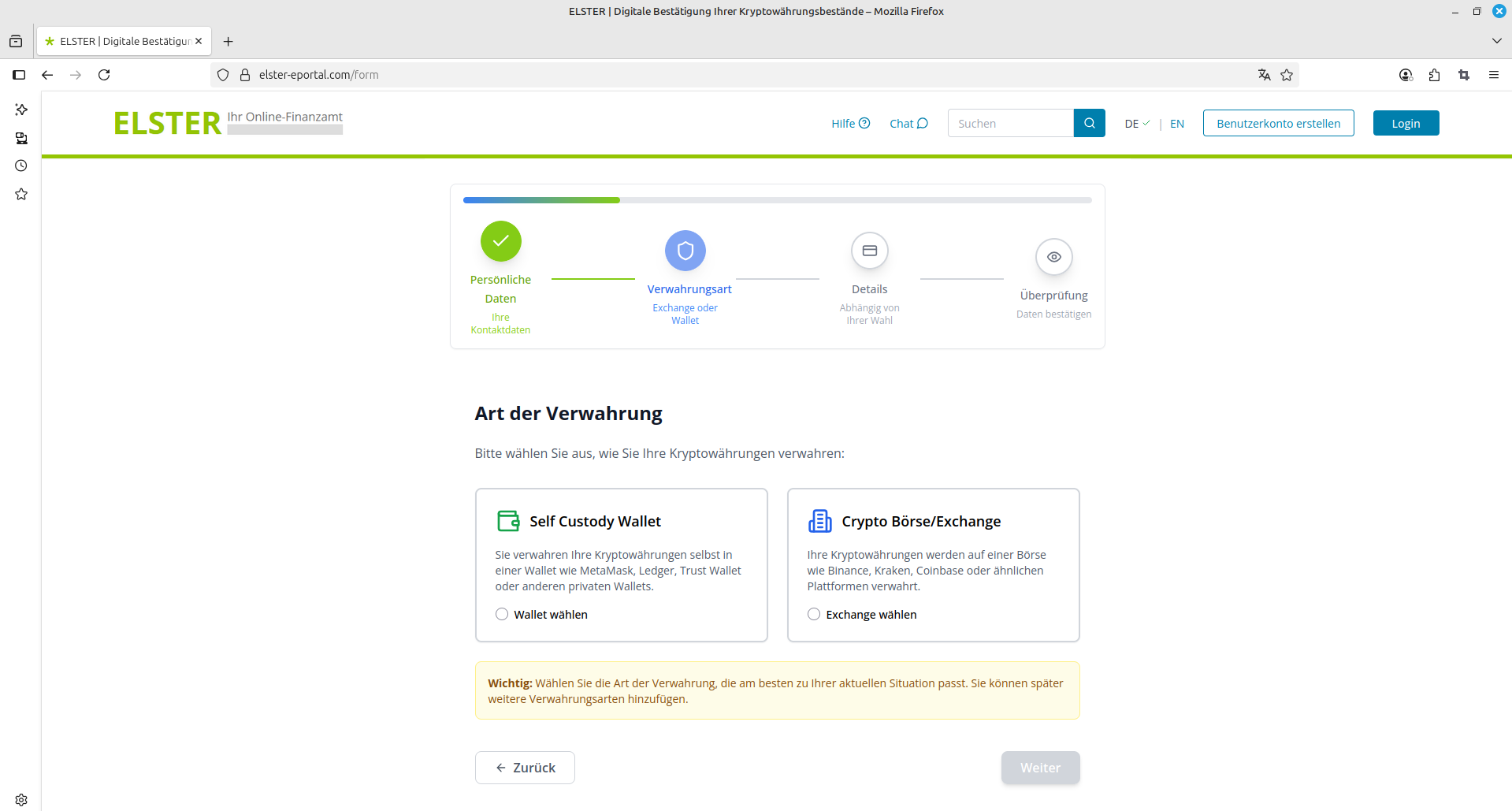 Aufforderung zur Auswahl für ein Krypto-Wallet