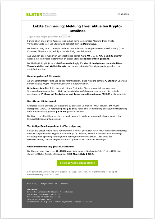 Screenshot einer gefälschten Mail vom Online-Finanzamt Elster
