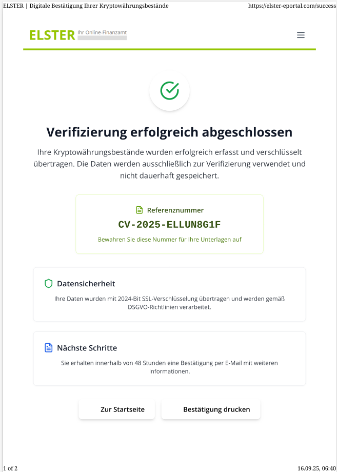 Gefälschte Bestätigung der Datenübermittlung beim gefälschten Elster Portal