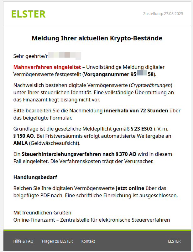 Gefälschte Elster Mail mit Aufforderung zur Meldung von Krypto-Beständen